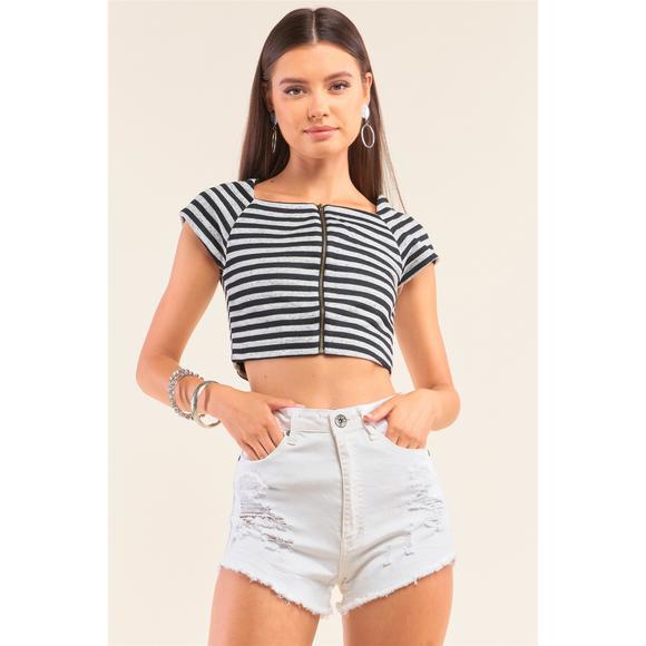 Rachell`s Boutique Tops - Black And Grey Striped Square Neck Mini Sleeve Cropped Top
